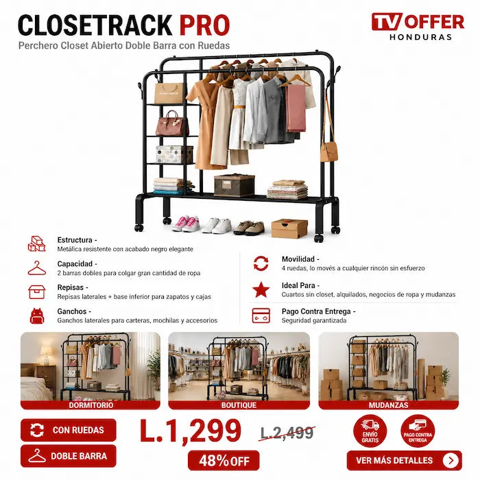 ClosetRack Pro — Perchero Closet Doble Barra con Ruedas y Repisas 👔 | + Garantía