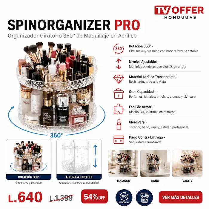 SpinOrganizer Pro — Organizador Giratorio 360° de Maquillaje Acrílico 💄 | + Garantía
