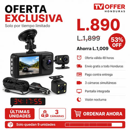DashCam 3Pro — Cámara para Auto 3 Ángulos Frontal Interior Trasera 📹 | + Garantía