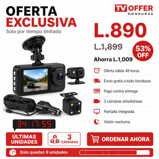DashCam 3Pro — Cámara para Auto 3 Ángulos Frontal Interior Trasera 📹 | + Garantía
