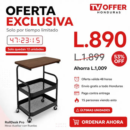 RollDesk Pro — Mesa Auxiliar con Ruedas y Estantes 🪑 | + Garantía
