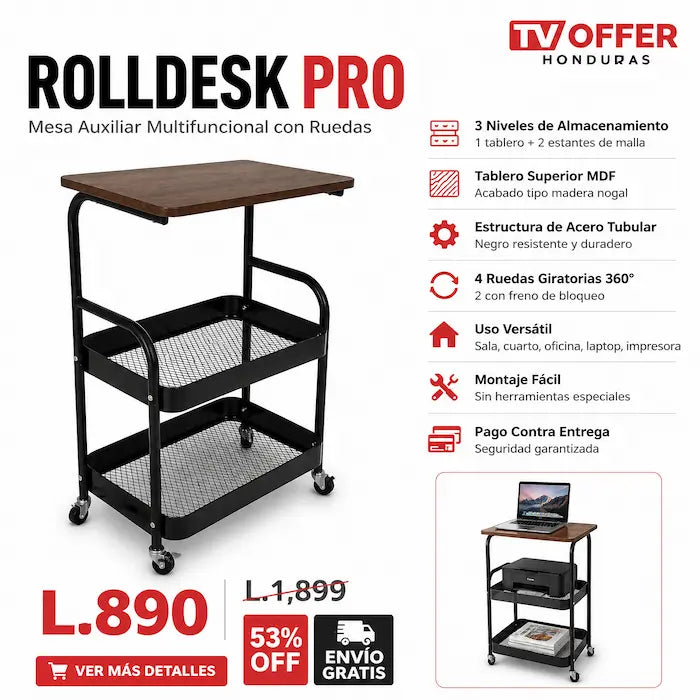 RollDesk Pro — Mesa Auxiliar con Ruedas y Estantes 🪑 | + Garantía