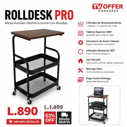 RollDesk Pro — Mesa Auxiliar con Ruedas y Estantes 🪑 | + Garantía