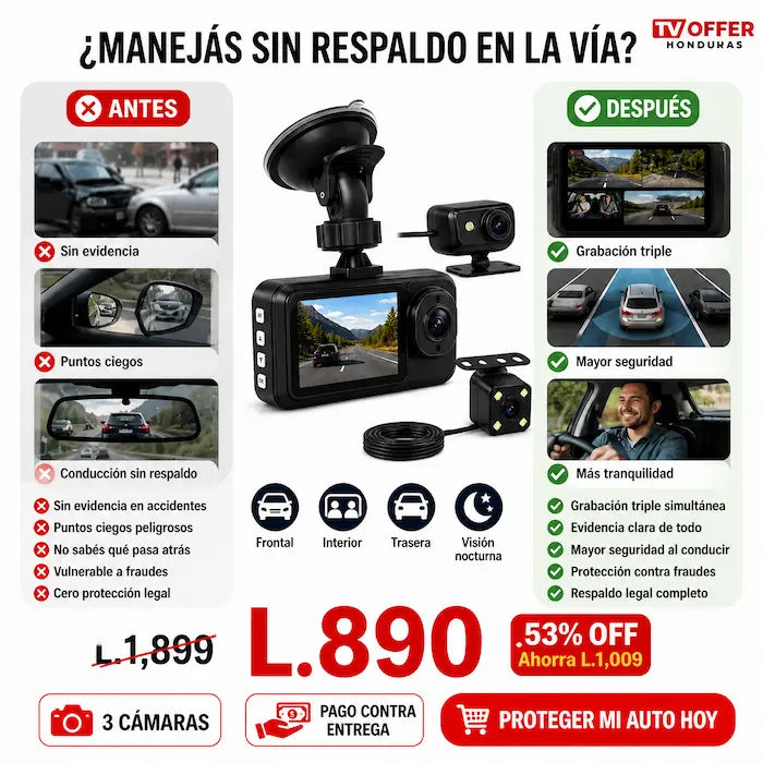 DashCam 3Pro — Cámara para Auto 3 Ángulos Frontal Interior Trasera 📹 | + Garantía