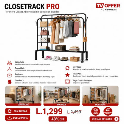 ClosetRack Pro — Perchero Closet Doble Barra con Ruedas y Repisas 👔 | + Garantía