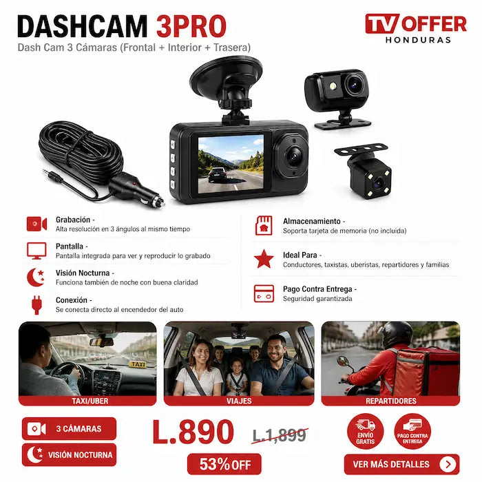 DashCam 3Pro — Cámara para Auto 3 Ángulos Frontal Interior Trasera 📹 | + Garantía