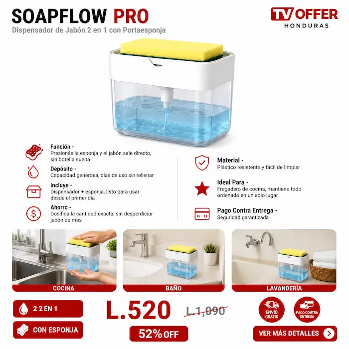 SoapFlow Pro — Dispensador de Jabón 2 en 1 con Portaesponja 🧽 | + Garantía
